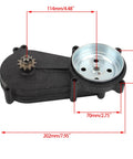 11 Tooth Sprocket Transmission Gearbox for 47cc 49cc 2 Stroke Pocket Bikes with aluminum housing and size measurements.