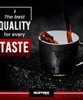 Pouring coffee into a black mug with the text 'The best quality for every taste' emphasizing flavor quality.
