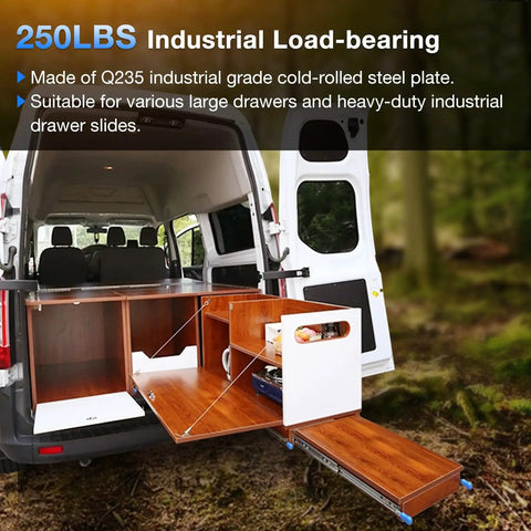 Heavy Duty Locking Drawer Slides With 250 Pound Load Capacity Full Extension Side Mount Rail System For Custom Cabinetry And Garage Shop Storage Built Tough For Ridiculously Smooth Operation And Serious Weight Support in a van setup.