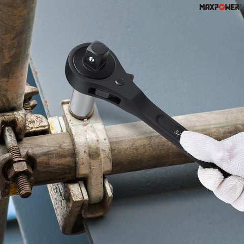 Dual Drive Ratchet Set Heavy Duty With Half Inch And Three Quarter Inch Spud Ratchet being used on scaffolding hardware