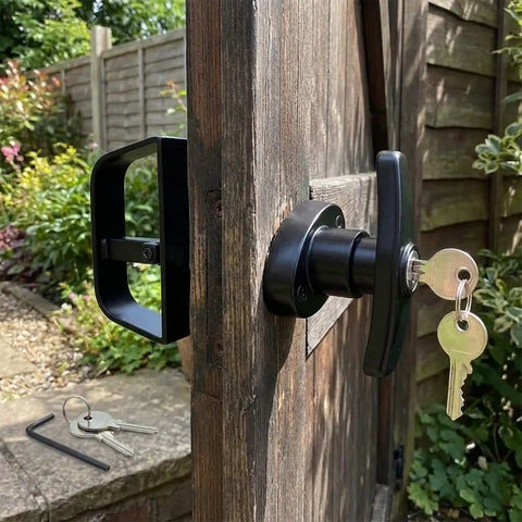 Heavy Duty Zinc T Handle Shed Door Lock Kit With Keyed Alike Security And D Grip Interior Lever For Garages And Garden Sheds Solid As A Rock Runs Butter Smooth on wooden door.