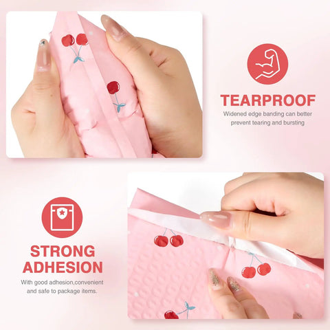 Close-up of hands sealing a cherry pink bubble mailer showing tearproof and strong adhesion features for shipping.