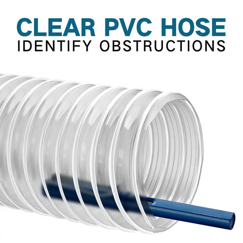Close-up of Clear PVC Dust Collection Hose 4 Inch By 10 Foot, Puncture-Resistant Flexible Fume Hose With Carbon Steel Wire Coil.