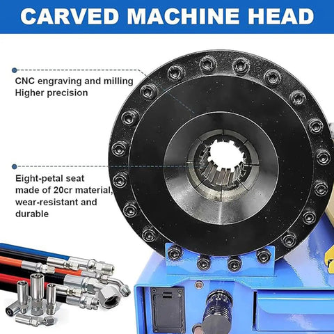 Carved machine head of Badass Hydraulic Hose Crimping Machine with detailed CNC engraving for high precision and durability.