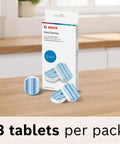 Bosch VeroSeries box with 3 blue and white tablets on a table, labeled '2-in-1' and '3 tablets per pack', for VeroCafe Espresso Machines.