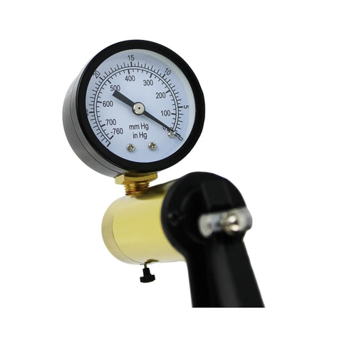 Pro Level Two In One Brake Bleeder Kit With Handheld Vacuum Pump And Precision Gauge, close-up of precision gauge with clear readings.