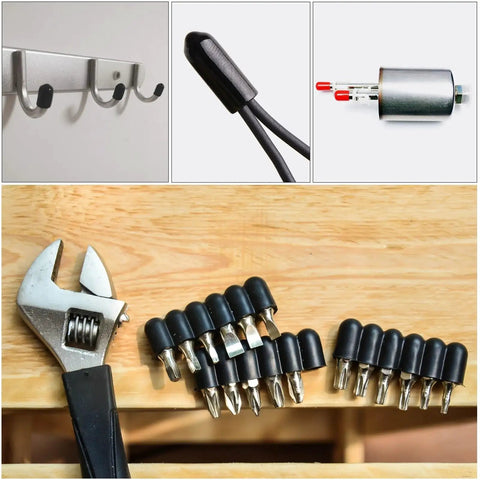 Super Cool 500 Piece Round Rubber End Caps Kit For Protecting Threads And Rods With 3 Sizes Including 3/32 Inch 1/8 Inch And 5/32 Inch Plus 1/4 Inch Black Plugs That Keep Dust Out And Prevent Damage To Your Gear In A Big Way, black rubber end caps on tools and hooks