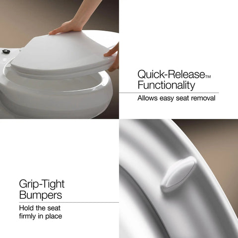 Close-up of Brevia Round Toilet Seat With Quick Release Hinges And Quick Attach Hardware in Biscuit showing grip-tight bumpers