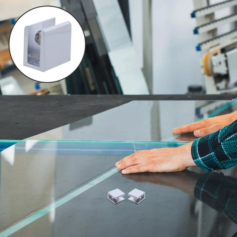 Hands adjusting glass with 4-Pack Glass Shelf Support Clips for 8-10mm Shelves, Zinc Alloy Fixed-Thickness Clamps in shop setting.