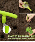 Collage of green 14 Pcs Seed Dispenser Set for Garden Hand Planter and Seeder Tool with Dibber, Hole Puncher, and Labels in use
