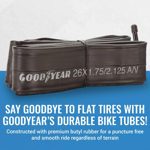 Durable 26 Inch Bike Inner Tube With Butyl Rubber And Schrader Valve For Quick Inflation Easy Installation And Reliable Performance Ride Ready Fits 26 By 1.75 To 2.125 Inch Tires displayed on a blue background with branding.