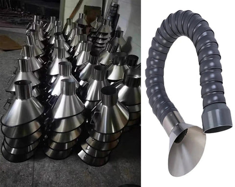 Adjustable Multi Position Exhaust Arm with Hood for Welding Fume Extraction and Dust Collection shown in workshop