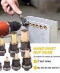 Ultimate 7PC Rivet Nut Tool Set With Carry Case, Heavy Carbon Steel Rivnuts Kit For M3 To M10 Fastening Perfect For Auto Repair And DIY Projects. Hand rivet nut heads M3-M12 on drill