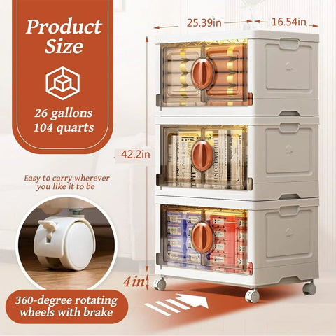 Hella Spacious Stackable Storage Bins And Foldable Plastic Totes With Smooth Rolling Wheels Lockable Doors, 26-gallon size, showing dimensions.
