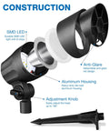 Detailed view of 12 Pack Low Voltage Landscape Lights Kit 6W LED Warm White 3000K Outdoor Garden Spotlights with aluminum housing