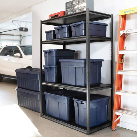 Tough As Nails Stackable Storage Totes 31 Gallon Capacity With Tight Sealing Lids on shelves in garage for organized storage.