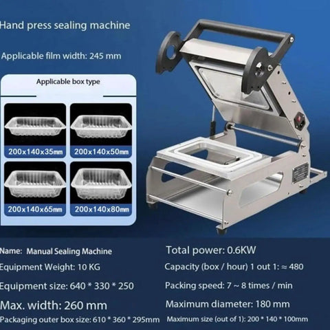 Hmkd Qbd Commercial Food Tray Heat Sealer Machine with manual press and adjustable film width settings displayed.