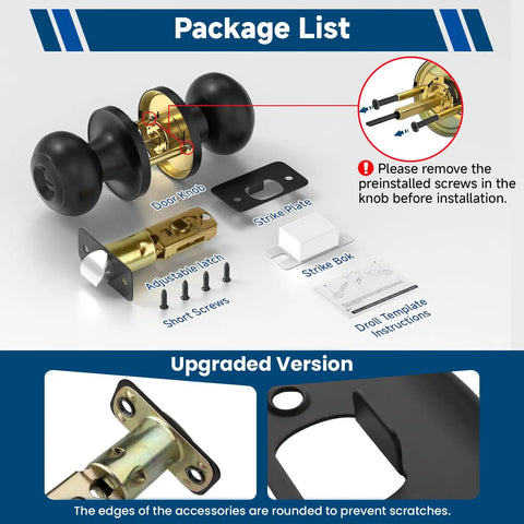 10 Pack Matte Black Privacy Door Knobs Heavy Duty Round Ball Interior Handles components including strike plate, latch, and screws.