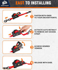 Instructions for using 4 Pack Auto Retracting Ratchet Straps 1x10 Ft Self Roll Back System for secure hauling.