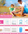 Father using 107 PCS First Aid Kit on child outdoors, featuring various first aid supplies in a pink bag.