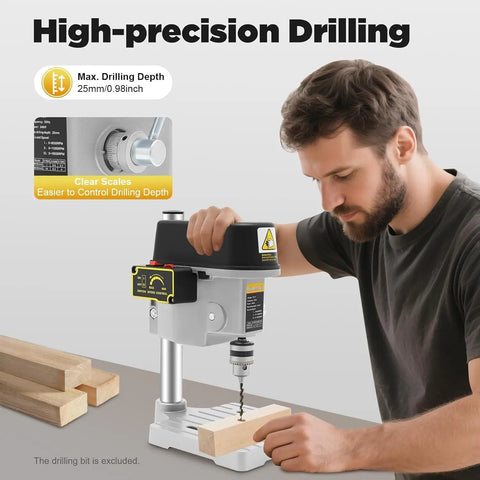 Compact Mini Benchtop Drill Press With Variable Speed Control Up To Sixteen Grand and Quick Change Collar for Power Drills in use.