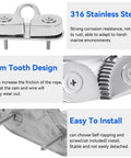 Beefy 316 Stainless Steel Cam Cleat with rustproof design, showing cam tooth structure and easy installation for 6 to 15mm rope.