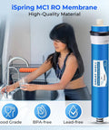 Woman using 100 GPD Reverse Osmosis Membrane Replacement for Under Sink RO Systems; blue filter beside her
