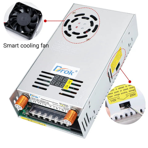 Bench Power Supply 0-60V Adjustable DC Buck Converter 8A 480W with smart cooling fan and input voltage display 110V/220V