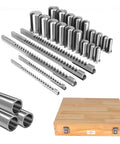 Pro Grade Keyway Broach Kit 30 Pc Set with 5 Broaches, 18 Bushings, 7 Shims in wood case for metalworking manufacturing