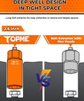 Diagram illustrating a 16 Piece Deep Bolt Extractor Set For Impact Drivers, highlighting deep well design for tight spaces.