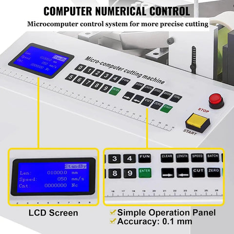 Heavy Duty 600W Heat Shrink Tube Cutter With Micro Computer Control For High Precision Slicing Rubber Plastic Pipes And Cables Up To Nineteen Twenty Millimeters Wide Super Fast Automatic Cutting Tool For Pro Contractors LCD screen and control panel for precise cutting settings.