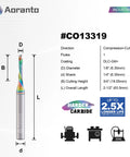 Compression CNC Router Bit One Eighth Inch Diameter One Quarter Inch Shank Two And One Half Inch Overall Length Upcut And Downcut Spiral End Mill For Wood And Plastic Solid Carbide With DLC Glit Coating For Long Lasting Edge shown with specifications and industrial icons