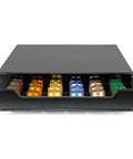 Keep Your Kitchen Game Tight With This Metal Coffee Pod Drawer Holds Sixty Nespresso Capsules Effortless Slide Design Lets You Snag Pods Without Breaking A Sweat, featuring six rows of capsules in a black drawer.