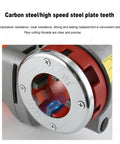 Close-up of heavy duty electric pipe threader built like a tank with pure copper motor and carbon steel teeth.