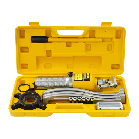 Hardcore 20 Ton Hydraulic Bearing Puller Kit Featuring Adjustable Two Or Three Jaw Grip To Rip Out Stubborn Wheels Hubs Brakes And Pulleys Fast In Any Garage Shop Great For Professional Mechanics Who Need Serious Muscle Power To Get The Job Done. yellow case with hydraulic puller, jaws, and bolts