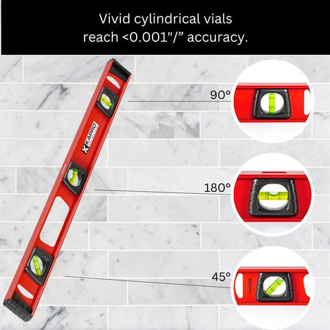 Twenty Four Inch I Beam Level Featuring Rock Solid Aluminum Frame And Vivid Cylindrical Vials For Dead On Horizontal And Forty Five Degree Checks Plus Sturdy Side Handles With Heavy Duty Rubber Bumpers showcasing vials at 90, 180, and 45 degrees.