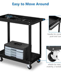 Heavy Duty Two Tier Rolling Tool Cart With Dual Brakes Built Tough Solid Steel Commercial Utility Organizer That Rolls Smooth For Garage And Auto Shop 250 Lb Capacity with tool storage and lockable wheels.