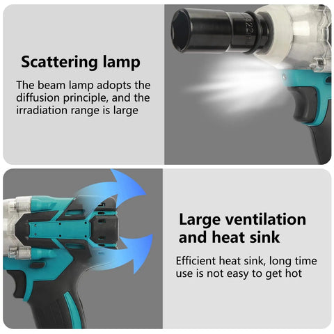 HeVirgo Cordless Electric Impact Wrench 18V with beam lamp and ventilation for cooling, perfect for automotive repairs.