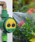 Automatic Sprinkler Timer With Rain Delay And Manual Watering, Smart Garden Irrigation Controller, close-up showing green device