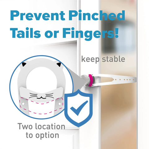 Adjustable Cat Door Latch With Stabilizer Blocks Sneaky Pups Or Jumping Kids From Litter Boxes shows design to prevent pinching.