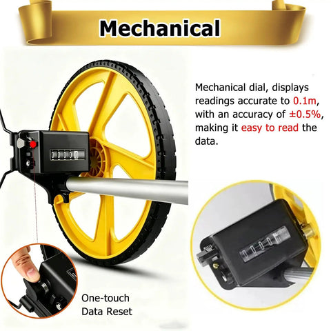 Close-up of MZZKFC 3.3ft Foldable Mechanical Hand Push Distance Roller Wheel showing mechanical dial and yellow wheel.