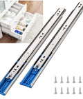 16 Inch Soft Close Drawer Slides, Heavy Duty Side Mount Cabinet Glides With Ball Bearing, 110Lb Capacity, 3-Fold Full Extension shown with installation hardware and example use in bathroom cabinet.
