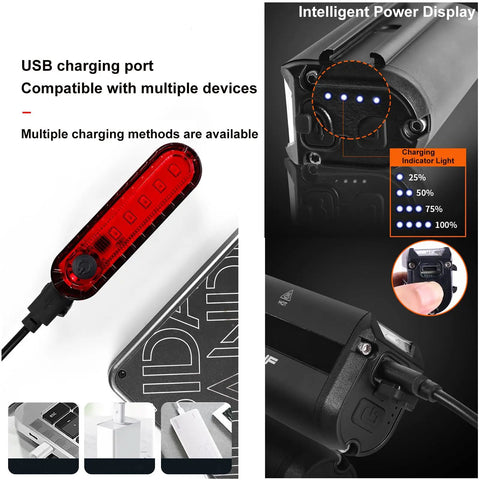 USB charging port and indicator for Beast Mode Bright Bike Light Set For Night Riding With USB Rechargeable LED Headlight And Taillight Waterproof MTB Off Road Safety Lighting 5 Modes With High Beam And Low Beam Great For Adults And Kids