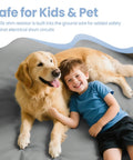 Child and dog on Grounding Sheets For Earthing, Gray Queen Size Fitted Bed Sheet With Silver Infused Fibers And Organic Fabric.