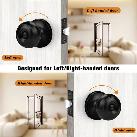 Slick Matte Black Privacy Door Knobs For Bathroom And Bedroom shown on left/right-handed doors, demonstrating functional design.