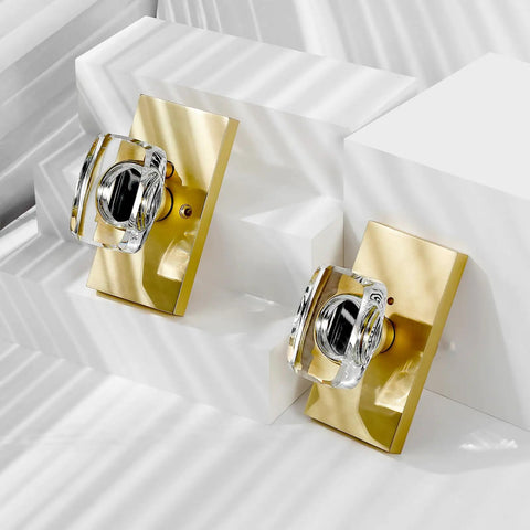 Crystal Glass Door Knobs With Lock Satin Brass Finish For Bedroom And Bathroom Privacy Knob Easy To Install Modern Interior Door Hardware Adds Lux Look And Reliable Security, displayed on a modern white background.