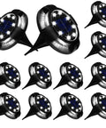 Outdoor Solar Ground Lights 12 LED Disk Lights Solar Powered Waterproof For Garden Deck Stairs Lawn Patio Driveway Walkway Pathway Yard Decoration White Light 12 Pack Easy Install shown in a set of twelve with dark-colored casing and visible solar panels.