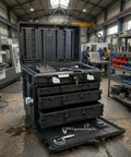 Gray Heavy Duty Rolling Tool Chest With Four Deep Locking Drawers, Stackable Industrial Workhorse, Impact Resistant And Water Proof Build For Pros On The Move showing open drawers and tools inside.