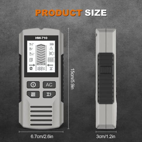 Multifunction Wall Scanners Studs Finders for Homes, Yellow, showing size and features, dimensions 15cm x 6.7cm x 3cm.