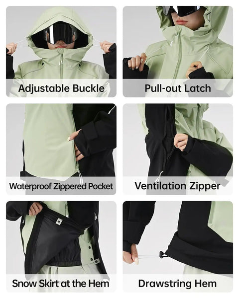 Women's 3L Ski Jacket With Recco Hooded Anorak Pullover Insulated Waterproof Snow Coat, adjustable buckles, zippers, and drawstring hem